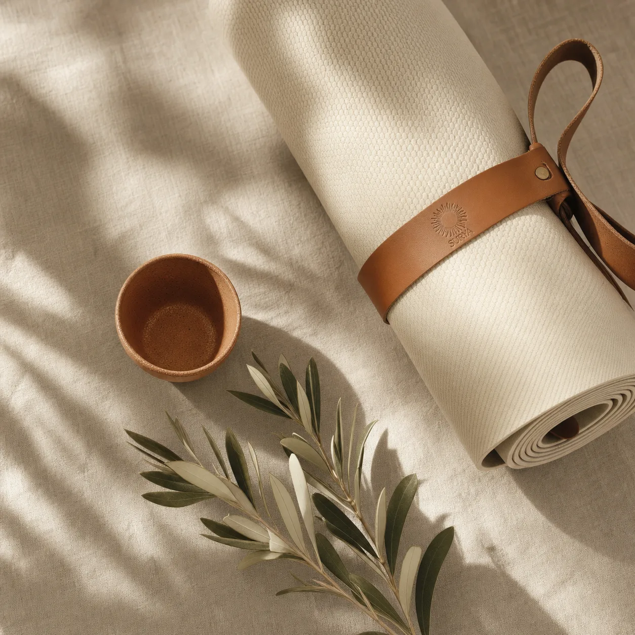 Yogamatte, Leinen und warme Naturmaterialien